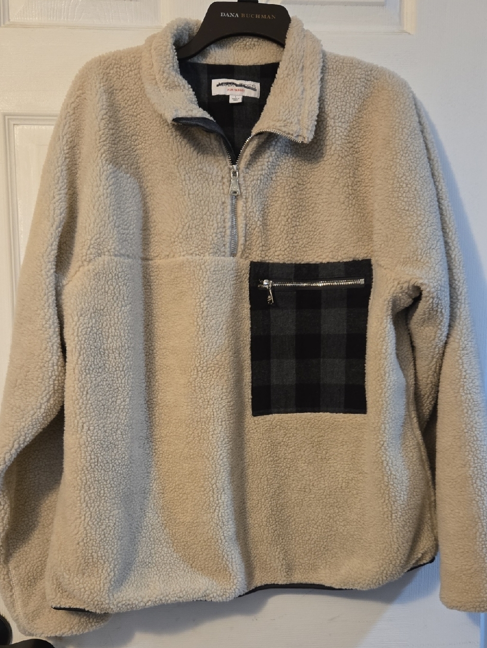 Adam Lippes For Target Beige Sherpa Quarter-Zip Pullover with Black Plaid Pocket